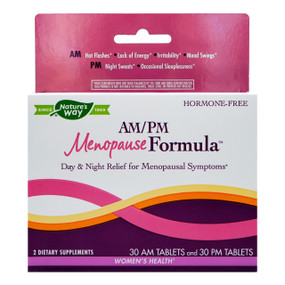 Natures Way AM/PM Menopause Formula -  30 AM & 30 PM-Tablets white & pink carton box; helps support common menopausal concerns and contains a comprehensive range of herbs that help to alleviate many common concerns during the menopause such as hot flushes, night sweats and mood changes.