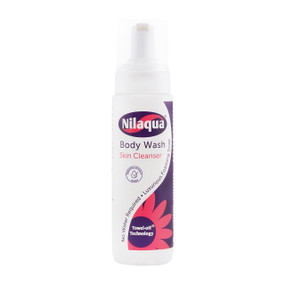 Nilaqua Waterless Skin Cleansing Foam - Travel Size - 90-ml white & purple bottle; a revolutionary way to wash effectively and easily without additional water or rinsing.