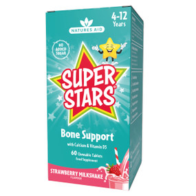 Natures Aid Super Stars Bone Support - 60-Chewable Tablets blue carton box; contains the ideal combination of calcium and vitamin D3 to promote stronger bones, teeth, and healthy gums.