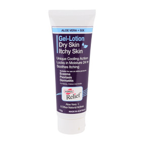 Hope's Relief Dry Itchy Skin Gel Lotion - 110g purple plastic tube with white cap,  Calms and soothes itchy, irritated skin.