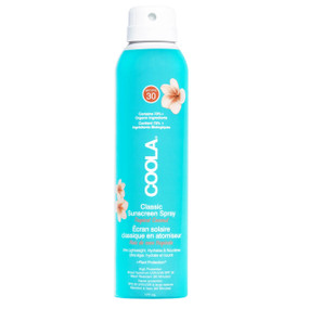Coola Classic Body Sunscreen Spray SPF 30 - Tropical Coconut, 177ml blue spray, is easy to apply, keeps your skin hydrated and protected, and has a refreshing natural scent.