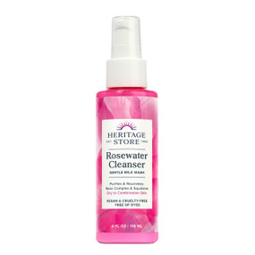 Heritage Store Rosewater Cleanser 118ml pink plastic tube, is a milky facial wash that works to melt away impurities and dirt.