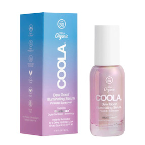 Coola Dew Good Illuminating Serum SPF 30 - blue & pink carton box and 35-ml pink glass bottle with white cap; an illuminating face serum which hydrates to give skin a dewy look.