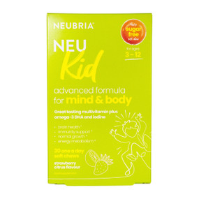 Neubria Neu Kid - Multivitamin Plus Omega-3 - 30-Soft Chews green carton box; supports kids’ overall health and wellbeing.