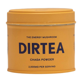 DIRTEA Chaga Mushroom Powder - 60-Grams 30-Servings orange aluminium tin; helps fortify your immune system, gives you a natural energy boost, whilst helping to promote healthy skin.