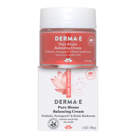 Derma E Pure Biome Balancing Cream - white carton box & 56-Grams transparent glass tube; Ease sensitive skin discomfort with this synergistic biotic formula to help balance skin’s microbiome, reduce redness and hydrate skin.