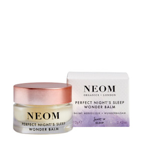 Neom Wellbeing Perfect Night's Sleep Wonder Balm - 12-Grams glass jar with rose gold cap and purple & white carton box; moisturizes, nourishes, softens & soothes dry skin