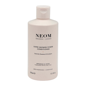 Neom Organics Super Shower Power Conditioner - 300-ml pink recyclable plastic bottle; a nourishing formula that blends coconut and almond oils, as well as shea butter and algae extract, to moisturise the hair, improve manageability, and promote a smooth, radiant finish.