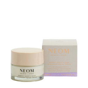 Neom Wellbeing Perfect Night’s Sleep Overnight Facial Cream - 50-ml transparent glass jar with pink plastic cap and purple & white carton box; works to moisturise, plump, firm and reduce fine lines delivering up to 48 hours of hydration whilst you dream deeply.