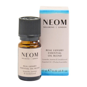 Neom Wellbeing De-Stress Essential Oil Blend - 10-ml brown glass jar with white label and black cap & white carton box; the de-stress blend includes lavender, jasmine, and sandalwood, all expertly blended to help bring a feeling of calm and banish stress.