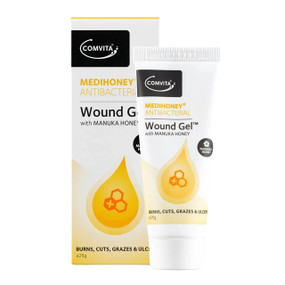 Comvita Medihoney Antibacterial Wound Gel - 25-Grams white tube & white carton box; ideal for leg ulcers treatment, dry skin conditions, bedsores and cuts and grazes.