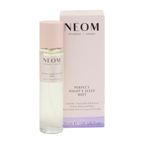 Neom Wellbeing Perfect Night's Sleep Pillow Mist, - 30-ml transparent glass bottle with pink top & white & purple carton box; encourages a restful sleep to enhance your body’s natural repair mode