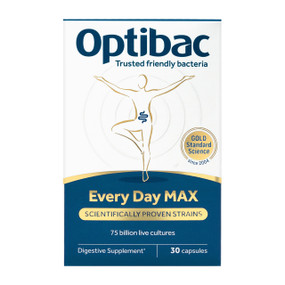 OptiBac Probiotics Every Day MAX - 30-Capsules white & blue carton box; a premium digestive supplement that contains 75 billion live cultures