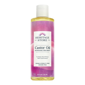 Heritage Store Castor Oil - 237ml transparent plastic tube with pink label and white cap;  Castor oil is made from 100% cold-pressed castor beans, which are rich in omegas, minerals, and ricinoleic fatty acids to help hydrate dry skin and hair