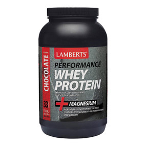 Lamberts® Whey Protein Powder in chocolate flavour 1000g whey protein in a black plastic tube with grey label; Whey protein may help weight loss in men & women