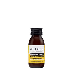 Willy's Turmeric & Honey Apple Cider Vinegar Shot - 60-ml amber glass bottle with black cap & white and yellow label; an anti-inflammatory wellness tonic, full of gut-friendly goodness