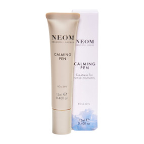 Neom Calming Pen - 12ml white carton box and nude plastic tube; Neom Calming Pen has been expertly blended with powerful essential oils including lavender, including lavender, Roman chamomile, and orange, to de-stress, calm and soothe the mind