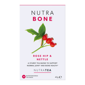 NutraTea NutraBone Tea - 20-Tea Bags white and pink carton box; herbal tea combines herbs like green tea, devil’s claw, turmeric, and nettle to help maintain normal joint mobility and support overall bone health.