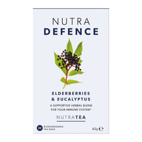 NutraTea NutraDefence Tea - 20-Tea Bags in a white carton box; an immune-boosting tea blend packed with Elderberries and Eucalyptus to support your immune system and help combat cold and flu symptoms.
