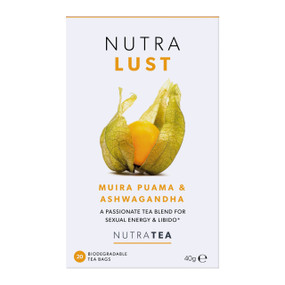 NutraTea NutraLust Tea - 20-Tea Bags in a white carton box; can help you relax and feel calm while helping boost the libido, aid sexual performance, and increase your stamina.