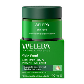 Weleda Skin Food Nourishing Night Cream - 40-ml green glass jar with green lid in green carton box; infuses skin with nourishment for radiant, silky-soft skin