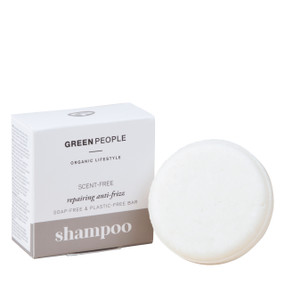 Green People Scent Free Shampoo Bar - white and grey carton box & 50-Grams white shampoo soap bar; an unscented, anti-frizz shampoo for all hair types & sensitive scalps