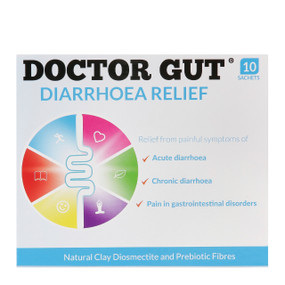 Doctor Gut Diarrhoea Relief - 10-Sachets white carton box; a perfect on the go solution for diarrhoea