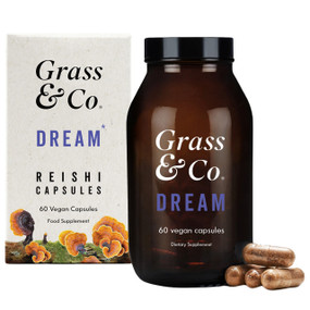 Grass & Co Dream Reishi Mushroom
- 60-Capsules amber glass jar & white carton box; a high strength vegan capsule that promotes a restful night's sleep. It contains Reishi mushrooms, Magnesium and Sage. Plus Vitamins B5, B6, D, which are known for their sleep-enhancing properties.