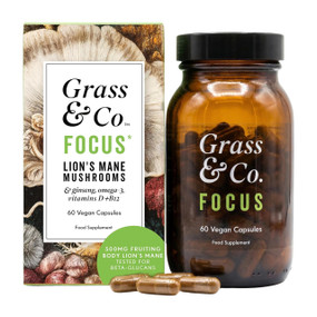 Grass & Co Focus Lion's Mane Mushroom - 60 capsules - amber glass jar & white carton box; supplement capsules for focus