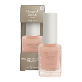 Margaret Dabbs London PURE Nail Strengthening Treatment - 9-ml transparent glass nail polish bottle with white cap and brown carton box; is an advanced formula for brittle nails designed to aid nail recovery, promote healthy growth, and strengthen weak and peeling nails