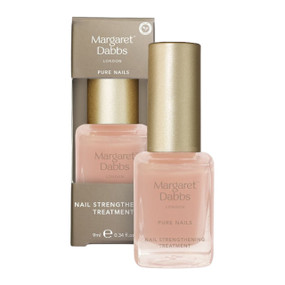 Margaret Dabbs London PURE Nail Strengthening Treatment - 9-ml transparent glass nail polish bottle with gold cap and brown carton box; is an advanced formula for brittle nails designed to aid nail recovery, promote healthy growth, and strengthen weak and peeling nails