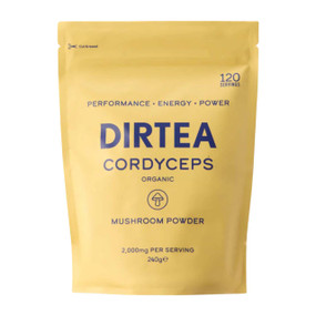 DIRTEA Cordyceps Mushroom Powder Pouch - 240-Grams 120-Servings yellow aluminium pouch; Cordyceps Mushrooms are powerful adaptogens which help our bodies adapt to stress and maintain balance.