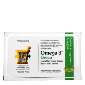 Pharma Nord Omega 3 Green - 60-Capsules white carton box; this formula is a vegan-friendly plant-based Omega-3 supplement that offers an alternative to fish oil. Omega-3 fatty acids are essential for the heart, brain, joints, and vision health.