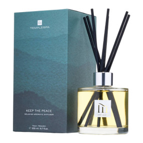 TEMPLESPA Keep The Peace Diffuser - carton box and 200-ml glass bottle with silver collar and black diffuser reeds