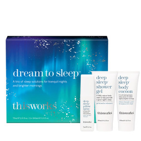 Dream to Sleep pack includes a 75-ml deep sleep pillow spray, which comes in a white plastic box; a 100-ml Deep Sleep Shower Gel, which comes in a white plastic tube; and a 100-ml deep sleep body cocoon in a white plastic tube, all packed in a dark blue and turquoise carton box