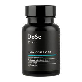 Dose by VH NAD+ Generator - 750-mg 30-Capsules black plastic tub with black label. this NAD supplement supports energy production, improves metabolism, and healthy ageing.