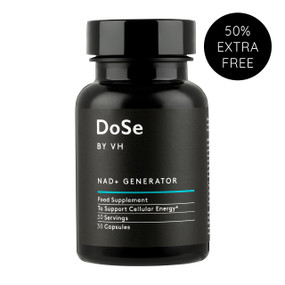 Dose by VH NAD+ Generator - 750-mg 30-Capsules black plastic tub with black label. this NAD supplements benefits the body more than NMN supplements to combat cellular ageing.