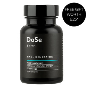 Dose by VH NAD+ Generator - 750-mg 30-Capsules black plastic tub with black label. this NAD supplement supports energy production, improves metabolism, and healthy ageing.