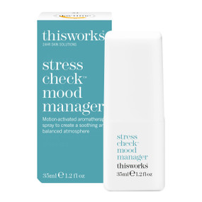 This Works Stress Check Mood Manager  - 35-ml white plastic sprayer bottle and a blue carton box; helps reduce feelings of stress and help maintain a sense of wellbeing.