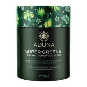 Aduna Super Greens Blend  in a 250g green carton tube is a deliciously green and zesty combination superfood powder to support your everyday health, including the nervous system and immune function.