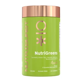 Nutriburst NutriGreens - 60-Gummies front image green jar with gold lid;  is a greens supplement blend of 22 fruits, vegetables, herbs, and mushrooms combined with essential vitamins to support your everyday health, including the nervous system and immune function