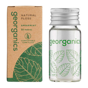 Georganics Dental Floss - Spearmint - 50-Metres of dental floss in a brown carton box and a transparent glass jar with a silver lid