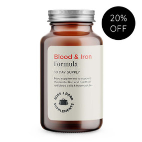 Ross J. Barr Blood & Iron Formula - 60-Capsules amber glass jar with white label; supports blood health by delivering 5mg of iron as well as 56.25mg of vitamin C, which assist in iron uptake