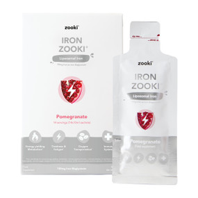 Zooki Iron Zooki - 14 x 10-ml Sachets white & grey carton box; a high-absorption iron supplement that contains iron bisglycinate in a ready-to-drink sachet that is infused with pomegranate juice and wrapped in lipids for enhanced absorbability and effectiveness.