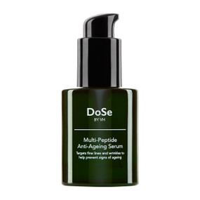 DoSe by VH Multi-Peptide Anti-Ageing Serum, 30 ml, in a green glass bottle; this multi-peptide serum for face boosts collagen and elastin production to help soften fine lines, improve skin firmness, and restore elasticity.