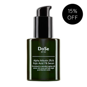 DoSe by VH Alpha Arbutin 2% and Kojic Acid 1% Serum, 30 ml, in a green glass bottle; experience visible results with alpha arbutin serum for hyperpigmentation, age spots, melasma, and PIH.