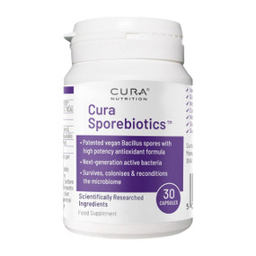 Cura Nutrition Cura Sporebiotics™ - 30-Capsules in a white tub with a purple label; a dairy-free spore-based probiotics supplement with antioxidants