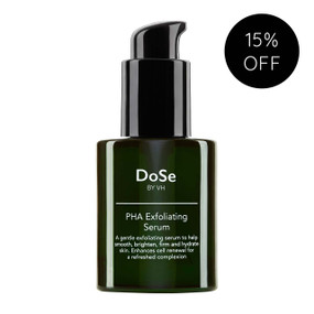 DoSe by VH PHA Exfoliating Serum, 30 ml, in a green glass bottle; this polyhydroxy acid serum is a chemical exfoliant which removes dead skin cells and is much gentle than alphahydroxy acids.