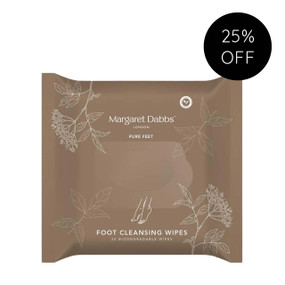 Margaret Dabbs London Pure Foot Cleansing Wipes pack contains 20 eco-friendly, biodegradable wipes. Antibacterial wipes to refresh and cleanse hot, tired, perspiring feet on-the-go