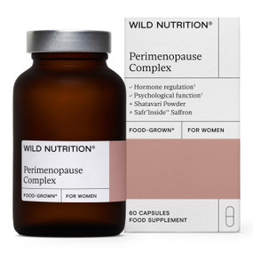 Food-Grown® Perimenopause Complex 60 capsules in an amber glass jar with white lid, silel cap, and white carton box